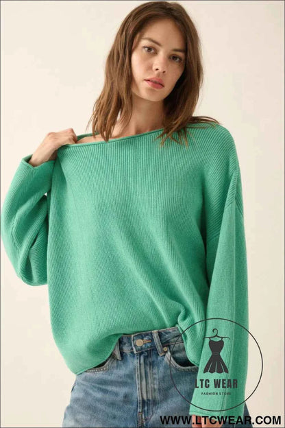 Solid Rib-knit Oversized Boatneck Sweater