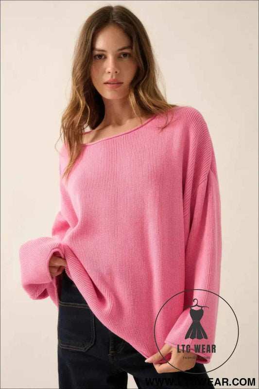 Solid Rib-knit Oversized Boatneck Sweater