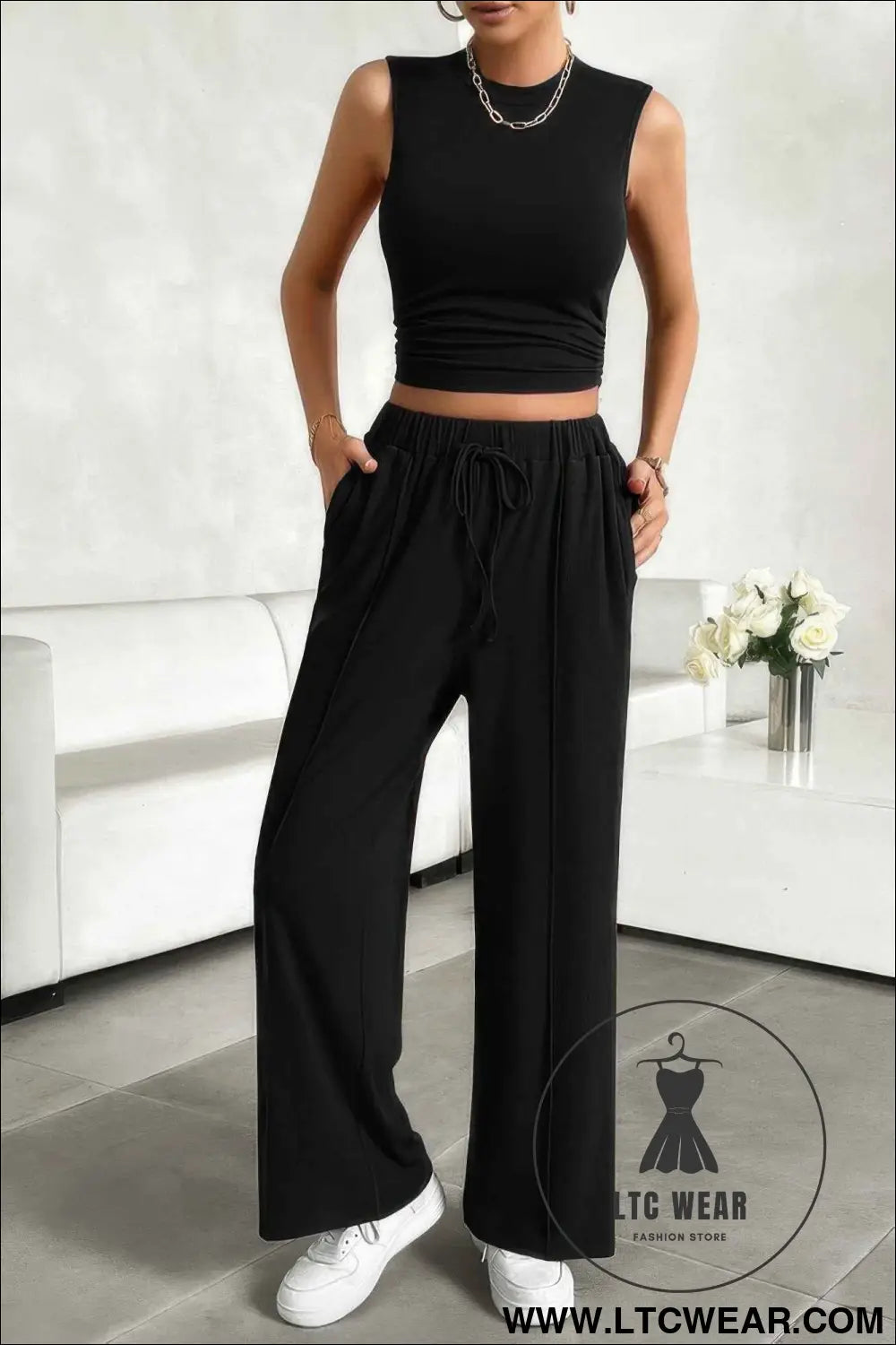 Solid Round Neck Sleeveless Drawstring Pockets Set