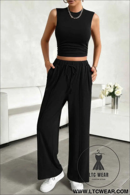 Solid Round Neck Sleeveless Drawstring Pockets Set