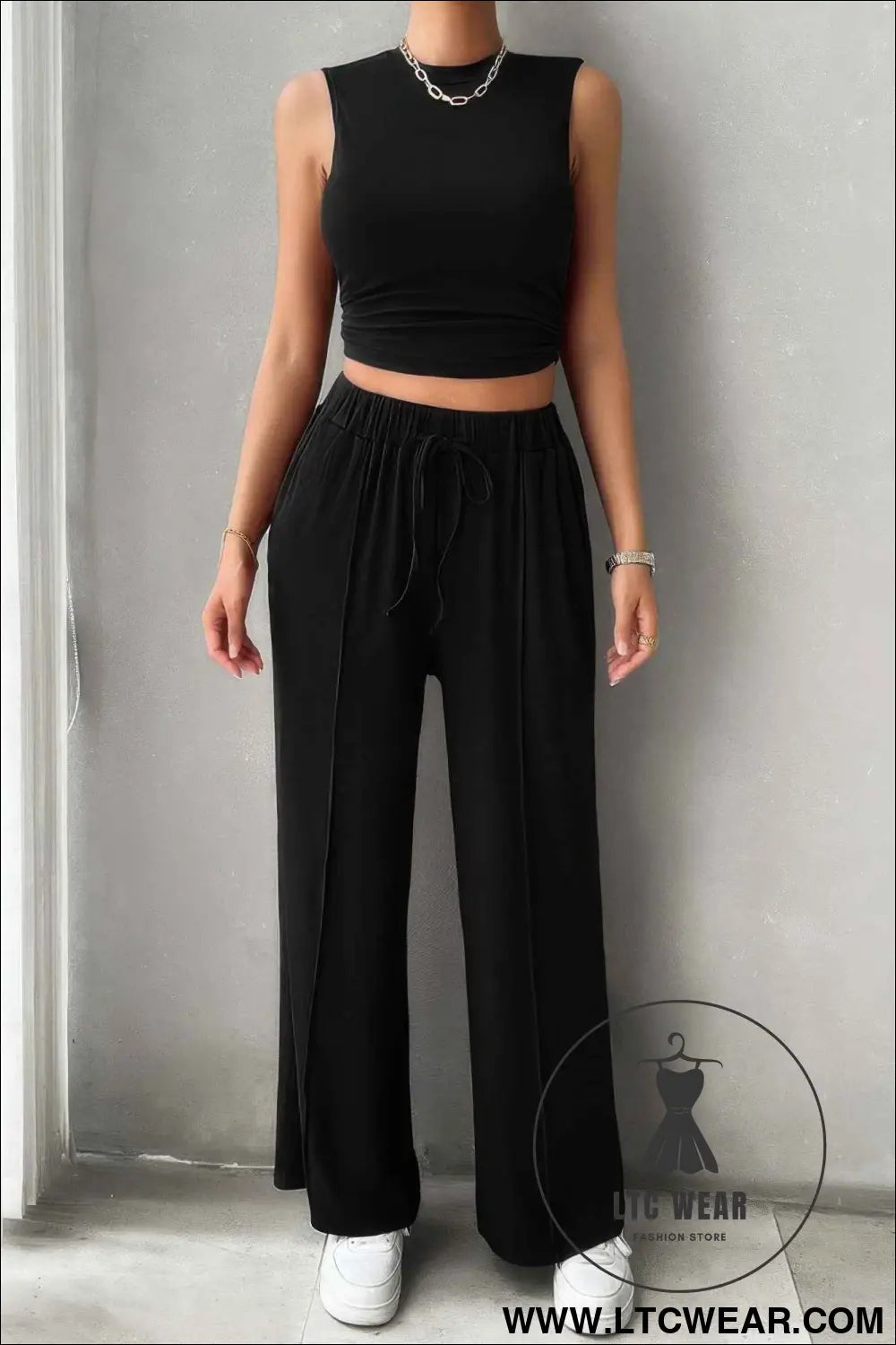 Solid Round Neck Sleeveless Drawstring Pockets Set