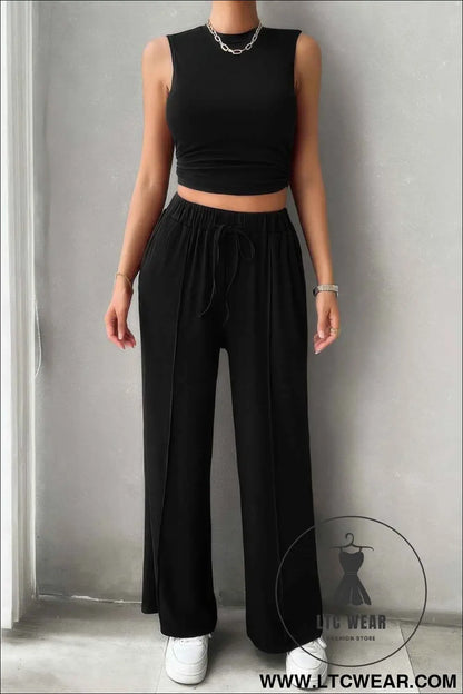 Solid Round Neck Sleeveless Drawstring Pockets Set