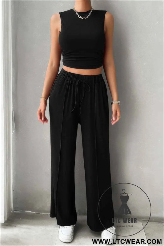 Solid Round Neck Sleeveless Drawstring Pockets Set