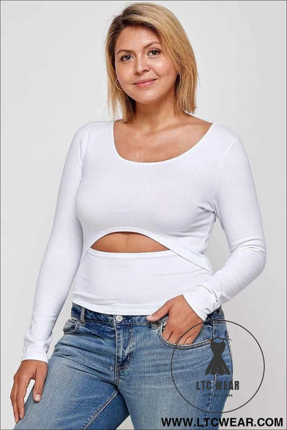 Solid Round Neck Top, With Long Sleeves, And Cut-out Detail