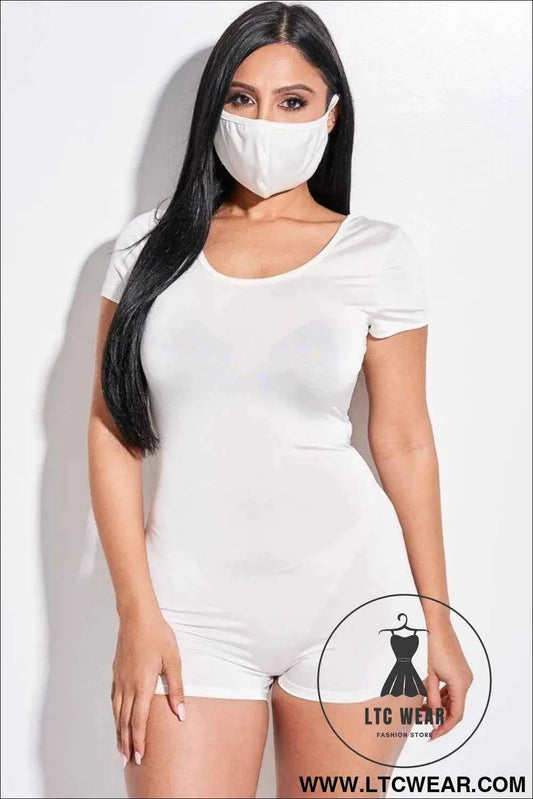 Solid Short Sleeve Scoop Neck Romper And Face Mask 2 Piece Set