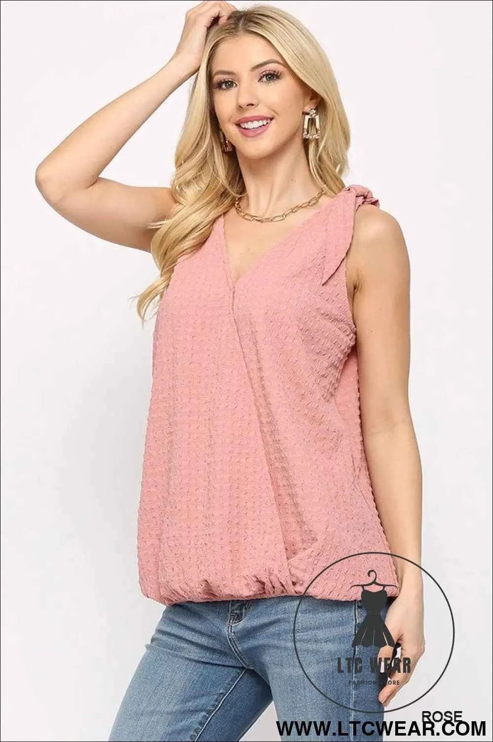 Solid Textured And Sleeveless Surplice Top With Shoulder Tie