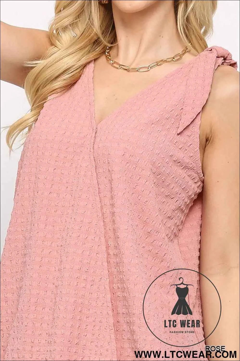 Solid Textured And Sleeveless Surplice Top With Shoulder Tie