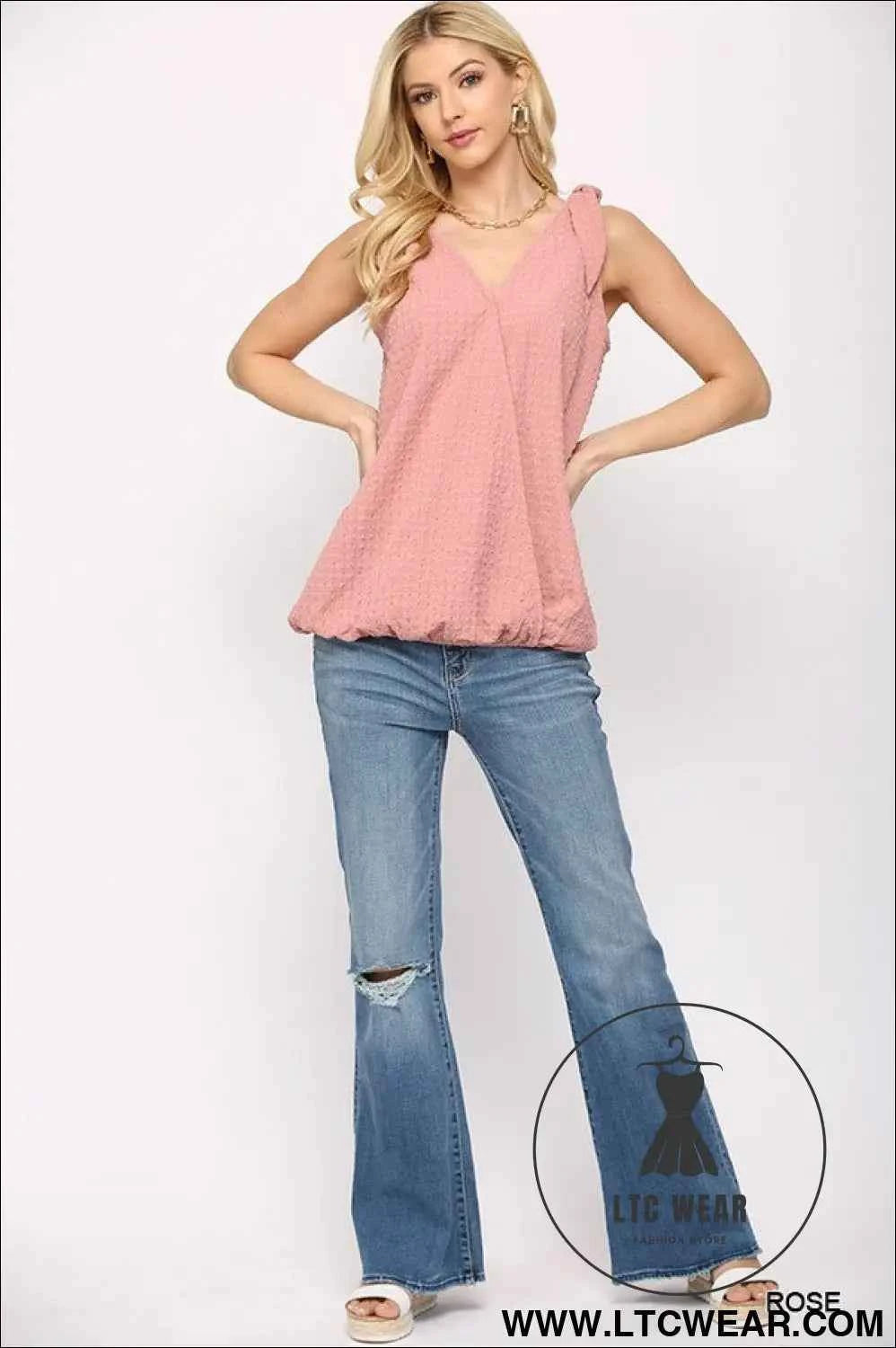 Solid Textured And Sleeveless Surplice Top With Shoulder Tie