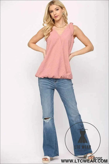Solid Textured And Sleeveless Surplice Top With Shoulder Tie