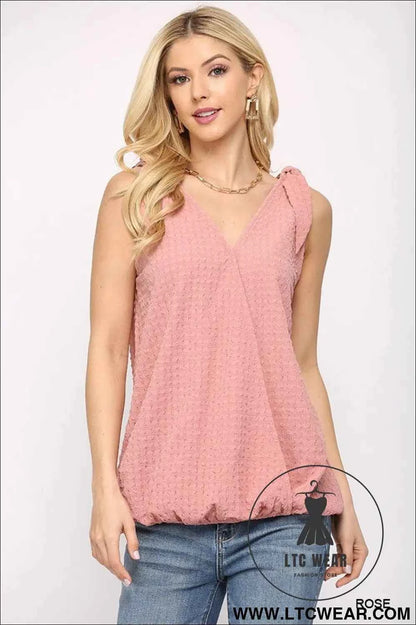 Solid Textured And Sleeveless Surplice Top With Shoulder Tie