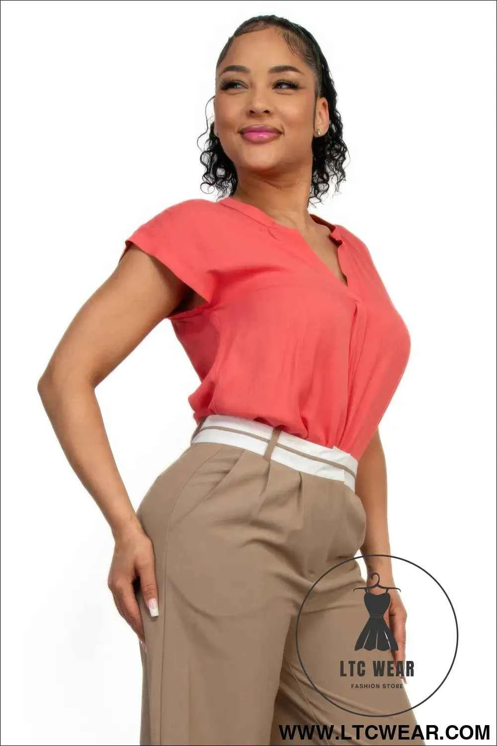Solid V-collared Neck Top