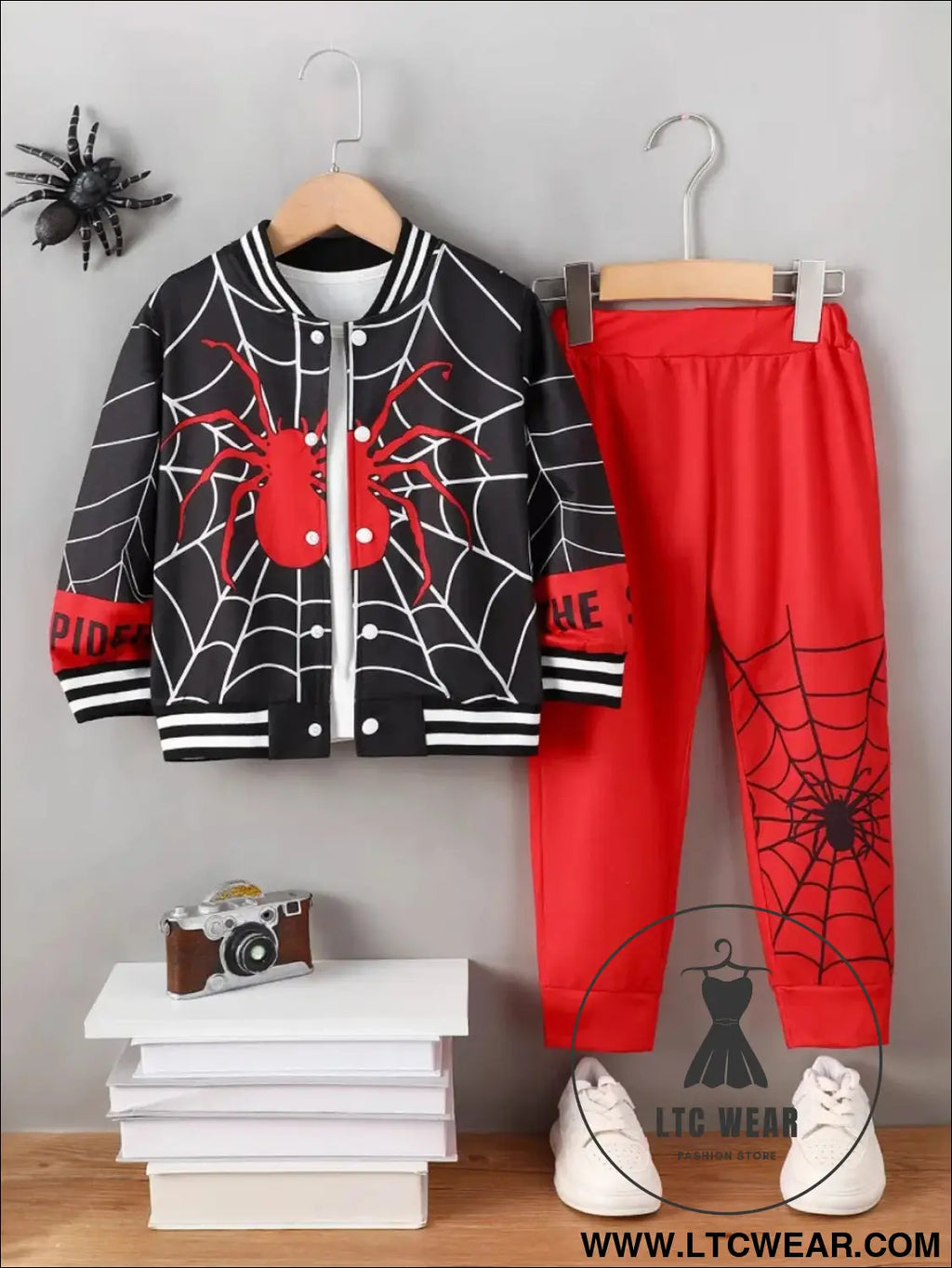 Spider baseball collar top and pants set - black/red / 5y