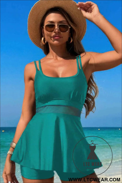 Square Neck Bottom Mesh Two Piece Swimsuit