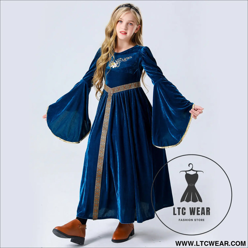 Stage performance costume medieval renaissance long dress costume halloween performance costume - navy blue / 120