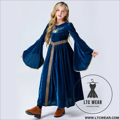 Stage performance costume medieval renaissance long dress costume halloween performance costume - navy blue / 120