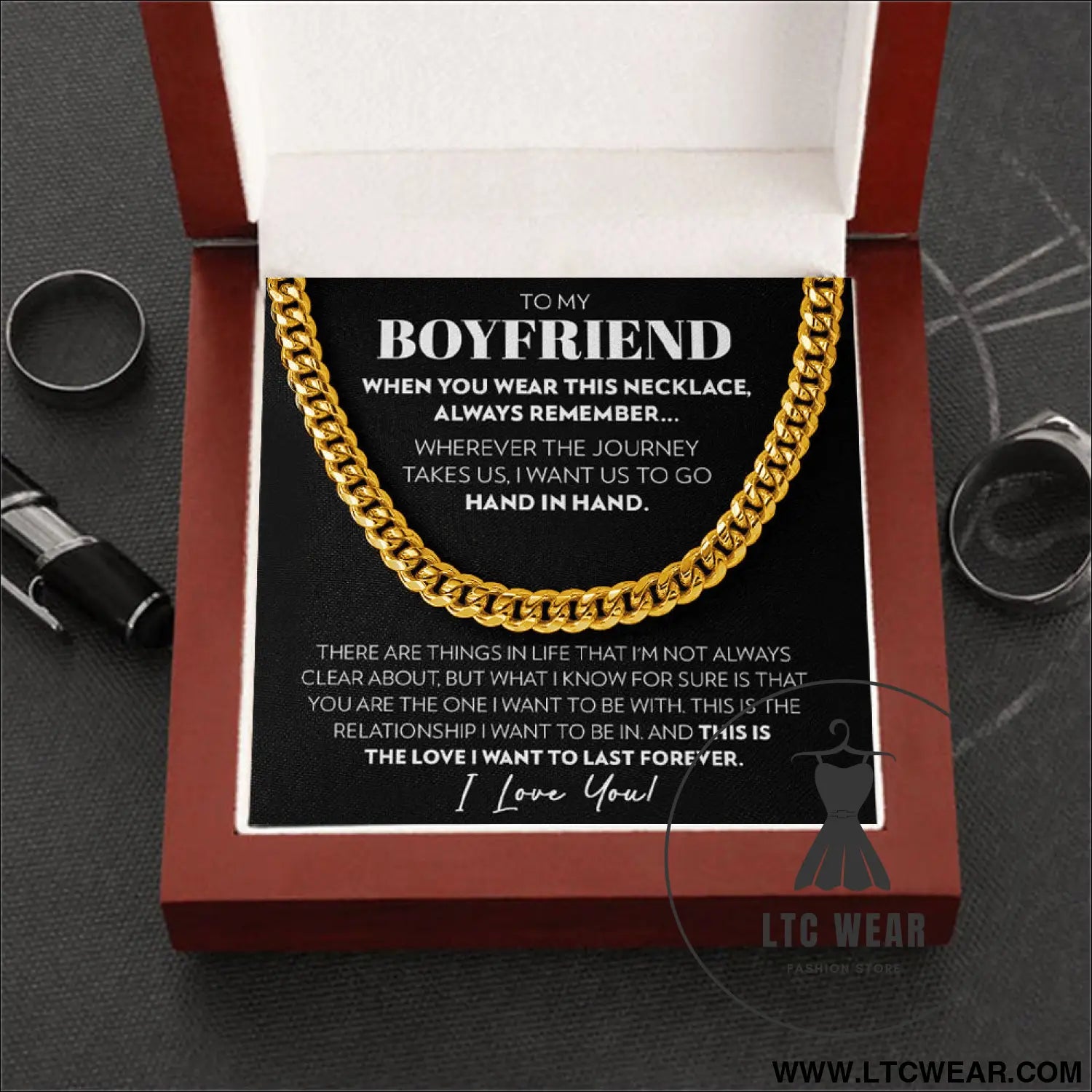 Stainless steel necklace for men - necklace (gold) + a card light box