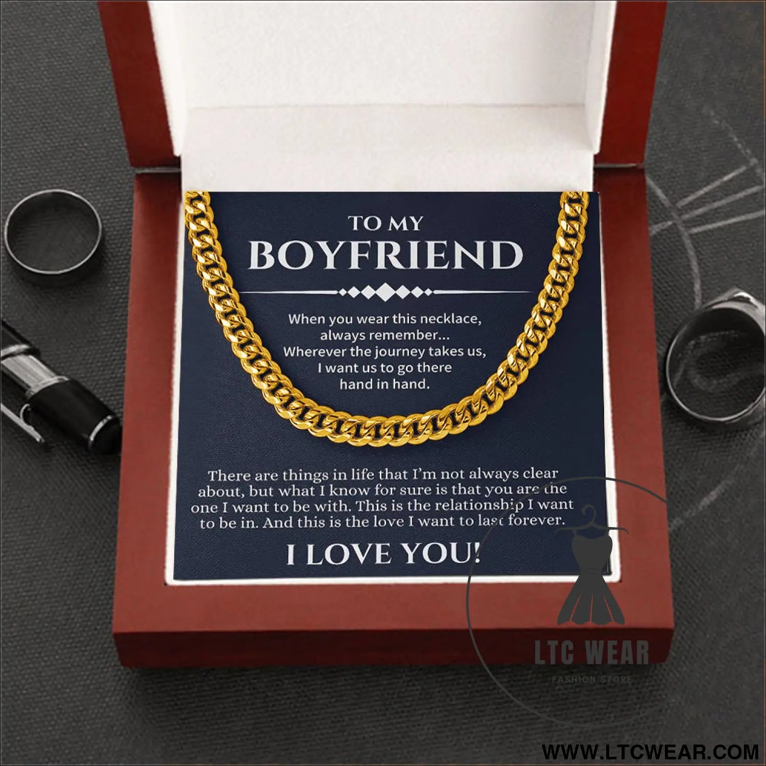 Stainless steel necklace for men - necklace (gold) + c card light box