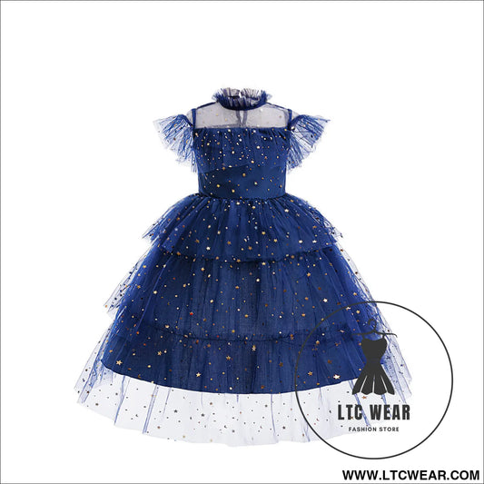 Star mesh dress for girls princess dress with layered cake skirt holiday children’s formal dress