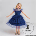 Star mesh dress for girls princess dress with layered cake skirt holiday children’s formal dress - l6082-navy blue