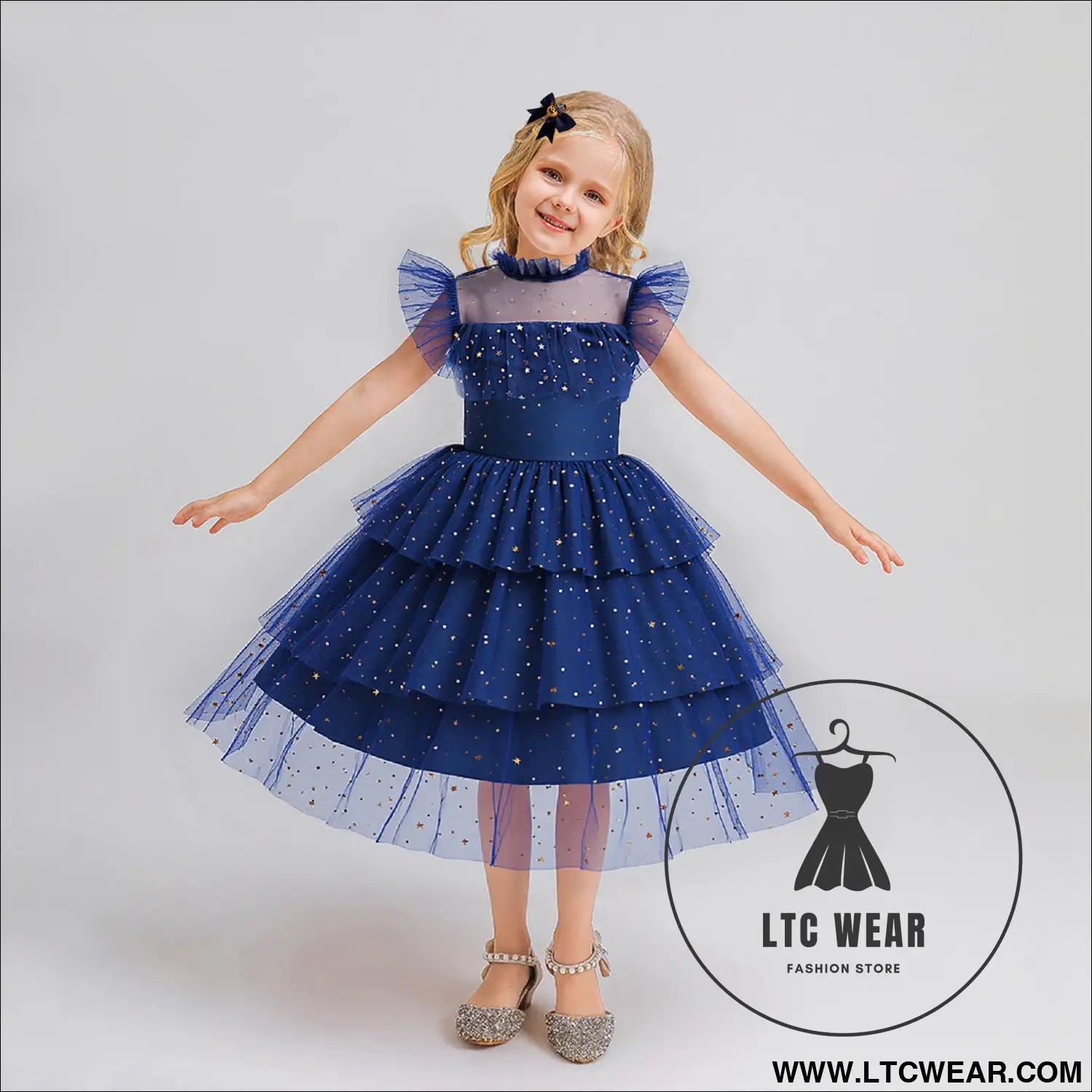 Star mesh dress for girls princess dress with layered cake skirt holiday children’s formal dress - l6082-navy blue