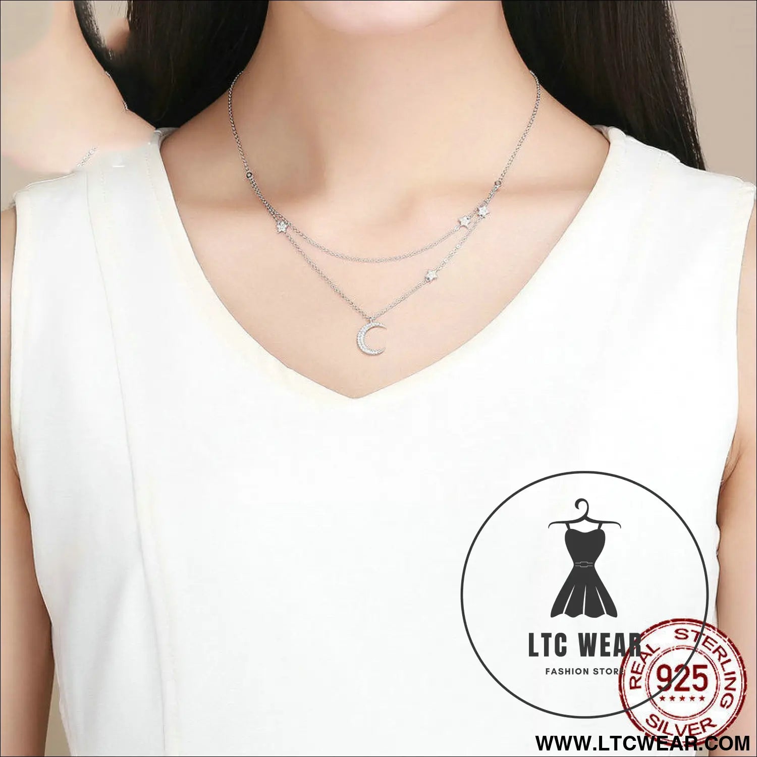 Starlight moon pure silver s925 plated necklace - bsn038 / sterling silver 925