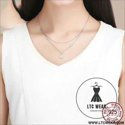 Starlight moon pure silver s925 plated necklace - bsn038 / sterling silver 925