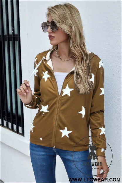 Stars Print Zip Up Long Sleeve Drawstring Hoodie