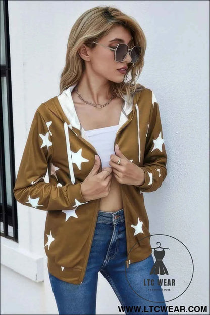 Stars Print Zip Up Long Sleeve Drawstring Hoodie