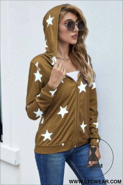 Stars Print Zip Up Long Sleeve Drawstring Hoodie
