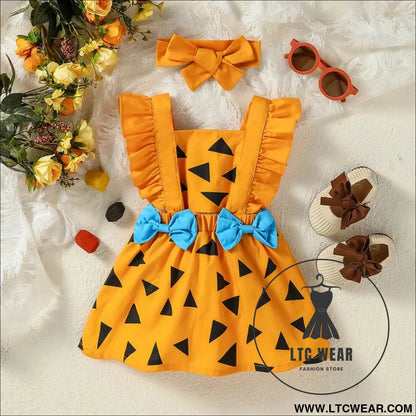 Strap dress bow tie triangle print triangle ha dress - yellow / 70
