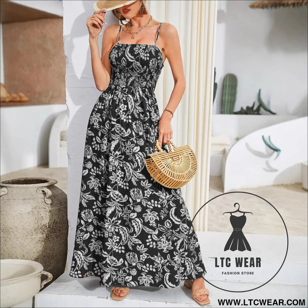 Strap printed dress sleeveless one-shoulder long dress - black and white / s