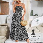 Strap printed dress sleeveless one-shoulder long dress - black and white / s