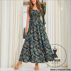 Strap printed dress sleeveless one-shoulder long dress - blue / s