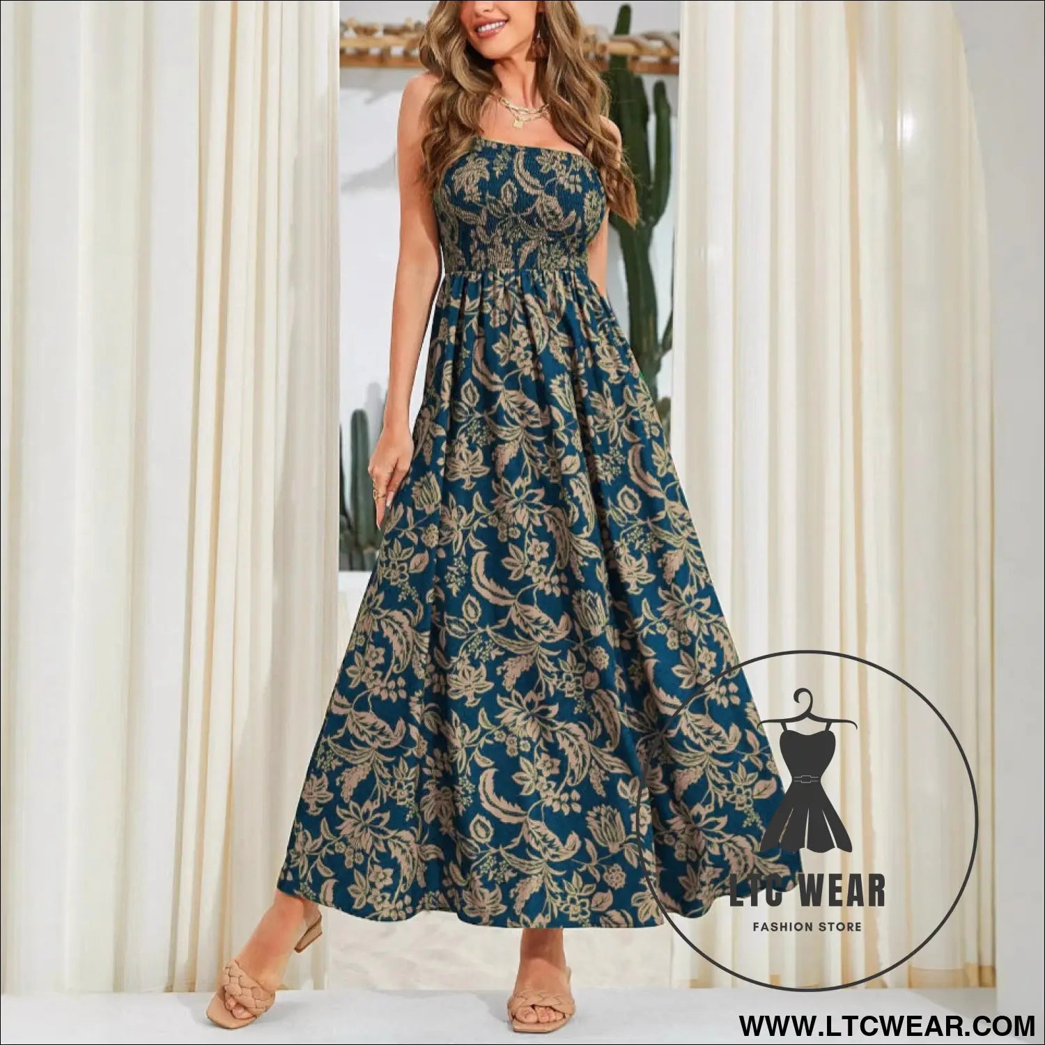 Strap printed dress sleeveless one-shoulder long dress - blue / s