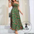 Strap printed dress sleeveless one-shoulder long dress - green / s