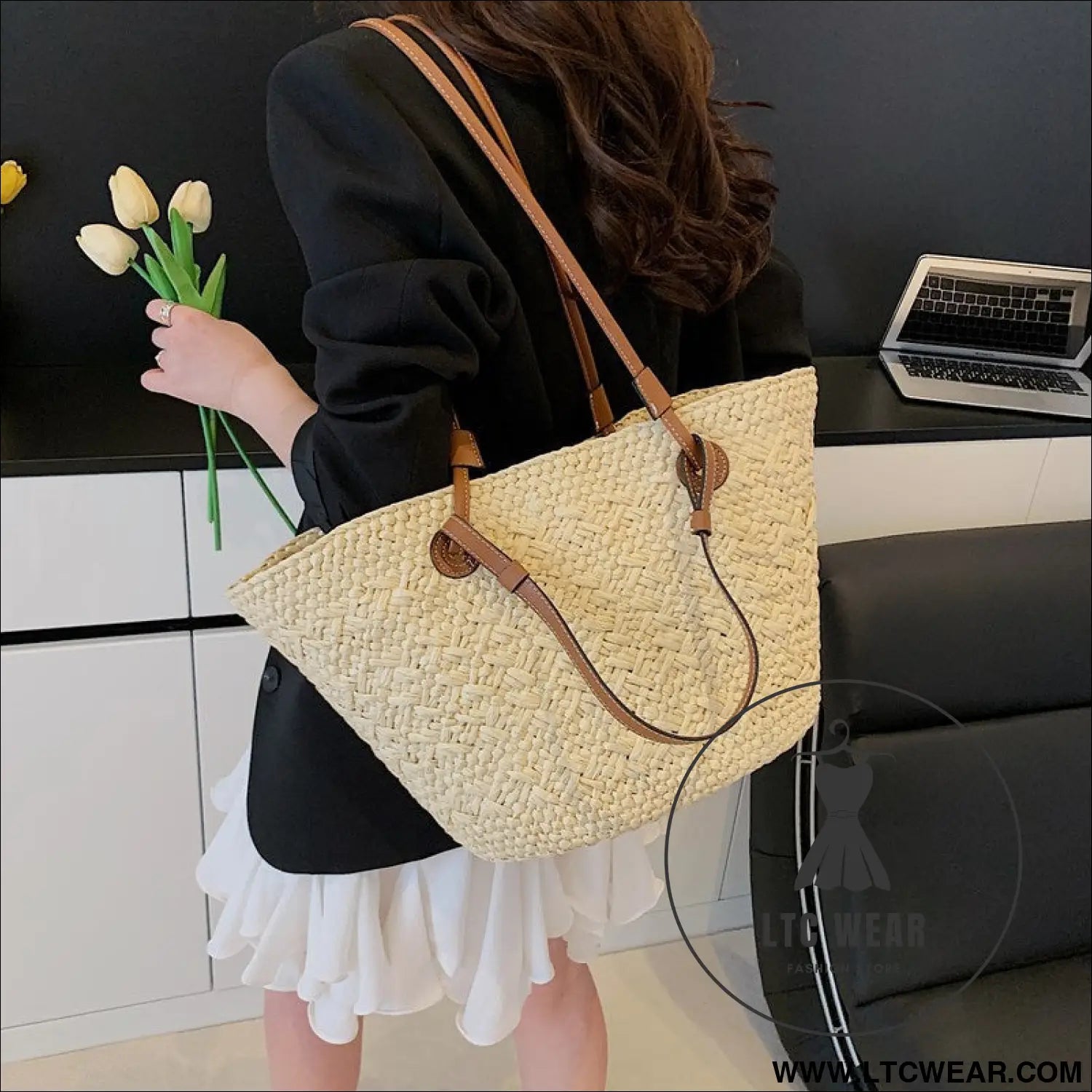 Straw woven bag for women large capacity single shoulder tote bag - off-white large
