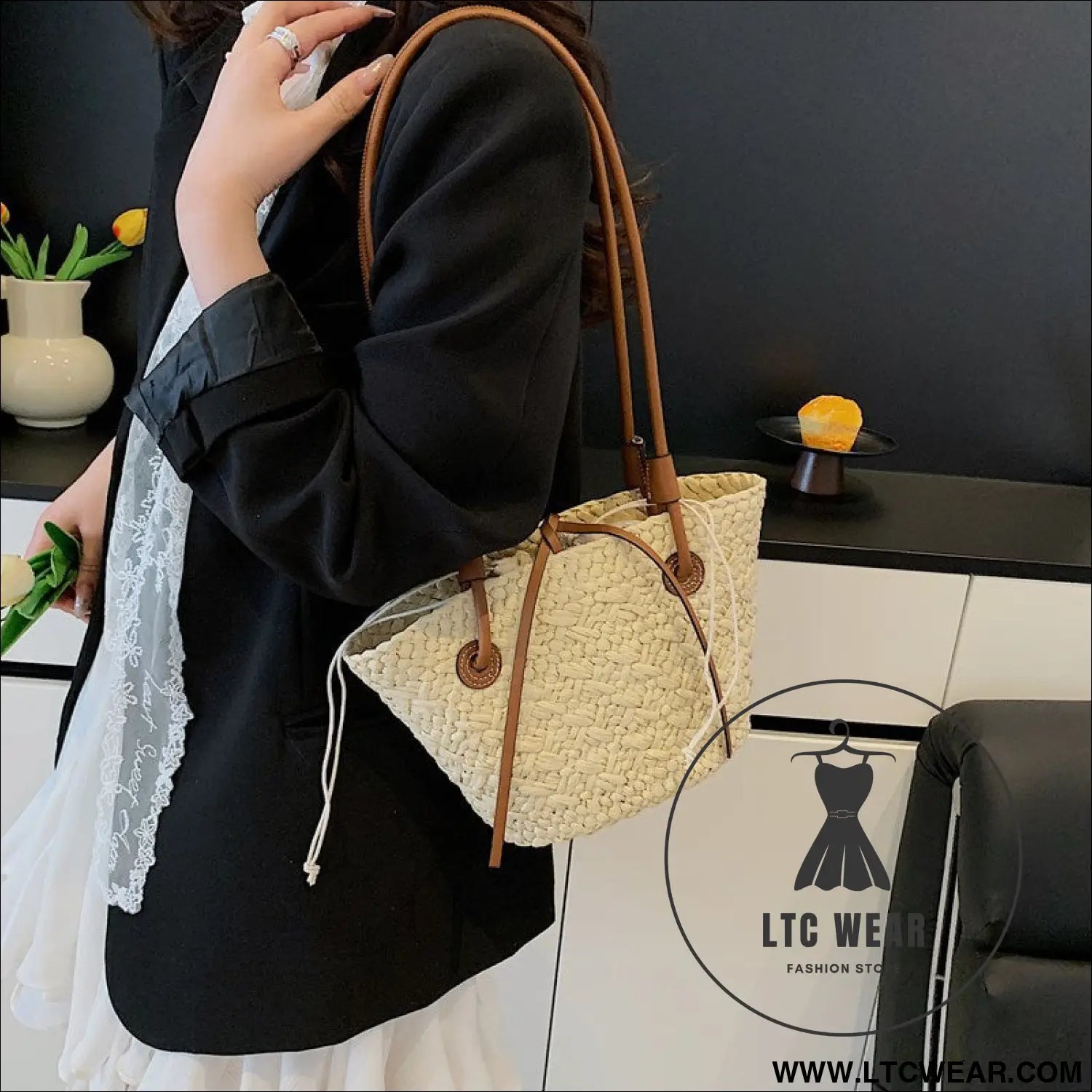 Straw woven bag for women large capacity single shoulder tote bag - off-white small