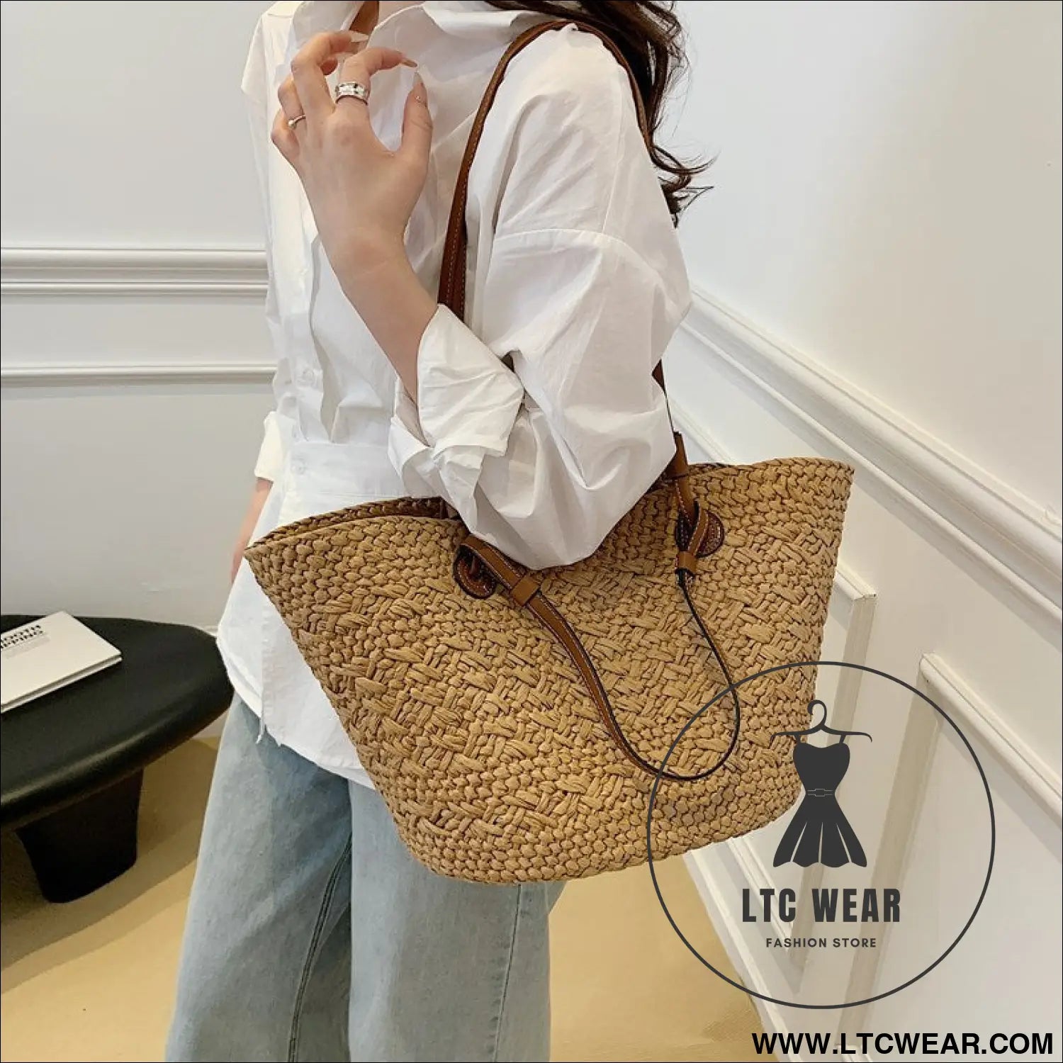 Straw woven bag for women large capacity single shoulder tote bag - khaki large