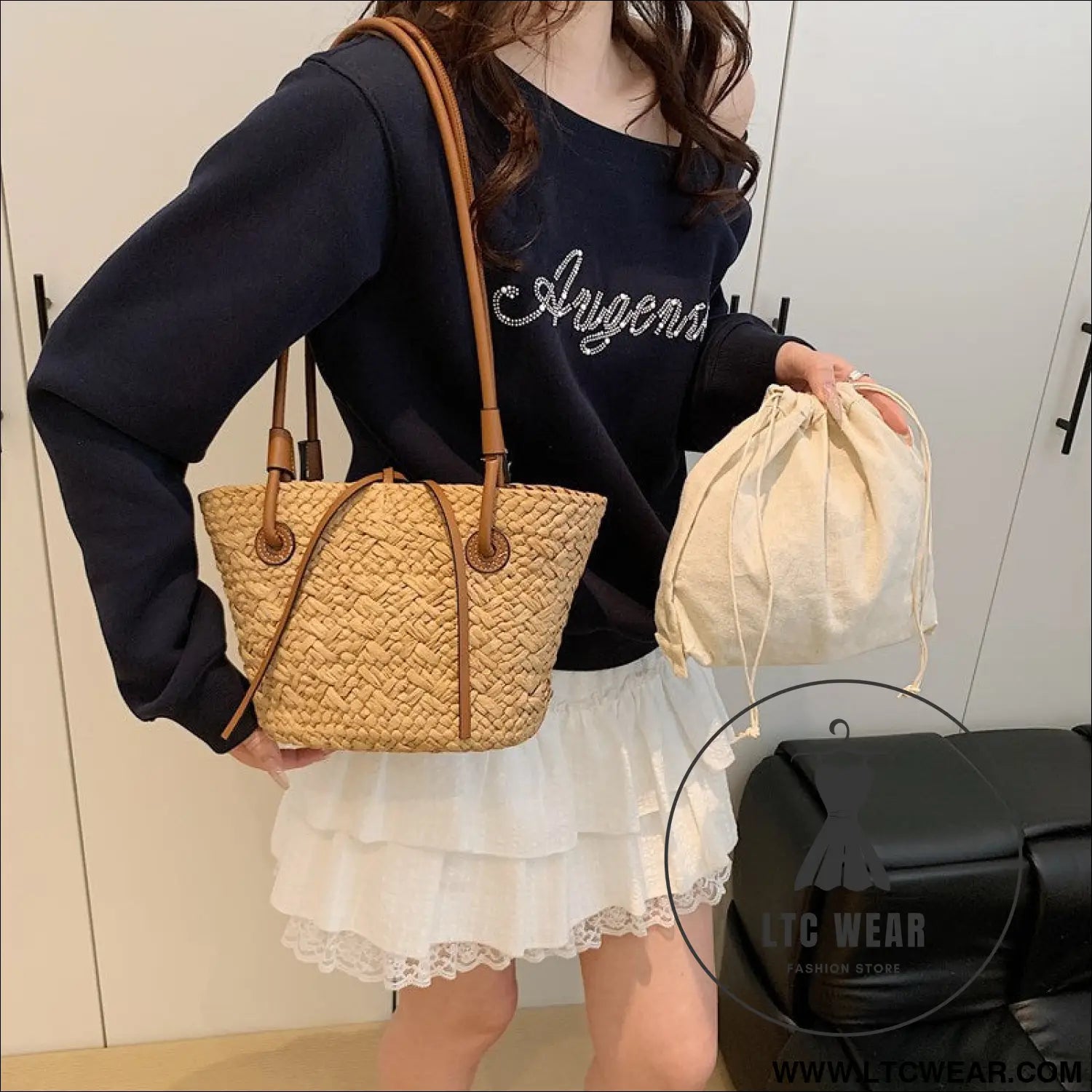 Straw woven bag for women large capacity single shoulder tote bag - khaki small