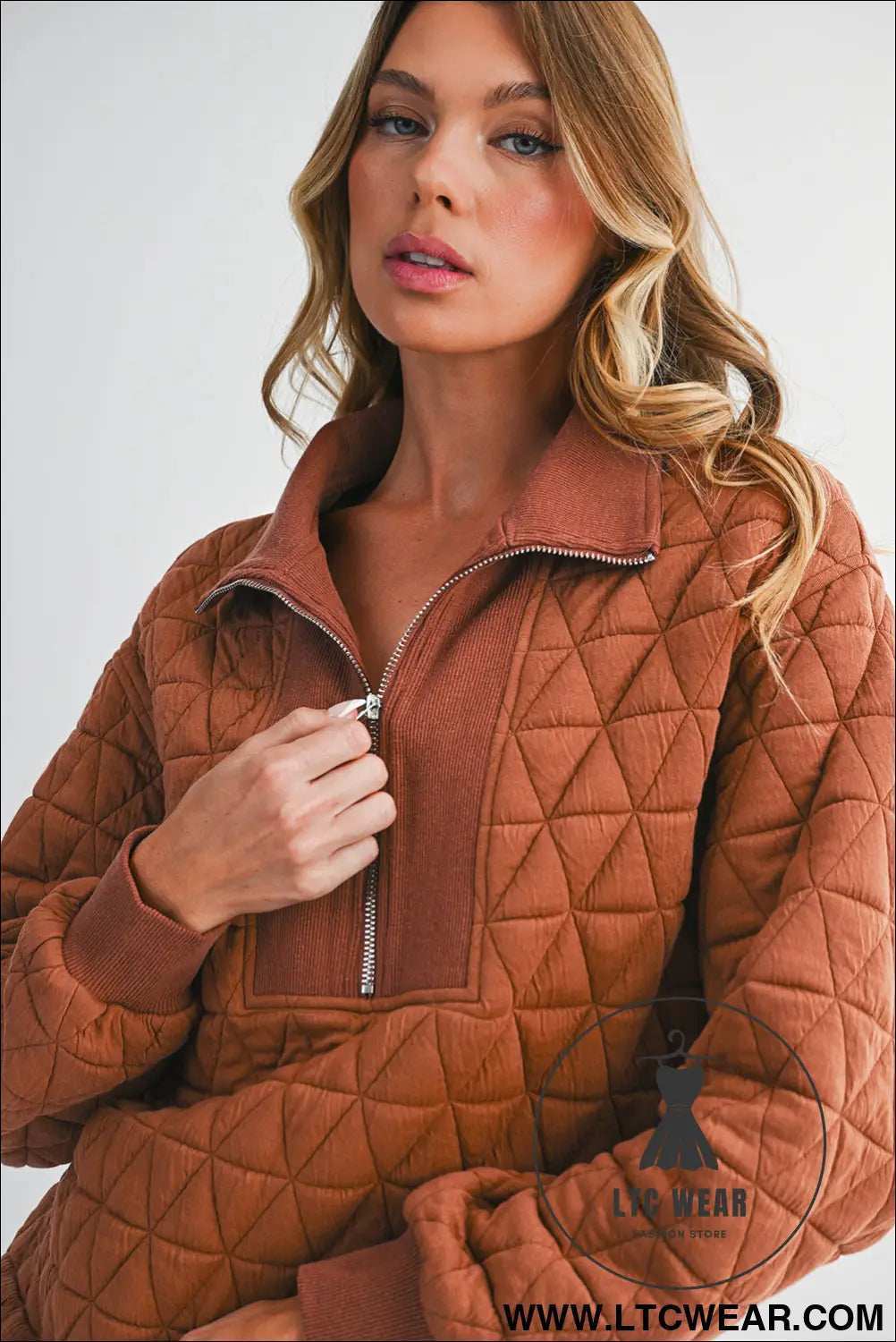 Straw Yellow Textured Zipper Neck Long Sleeve Pullover Sweatshirt - L.T.C Wear Online Fashion Store
