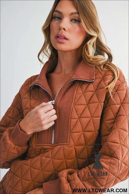 Straw Yellow Textured Zipper Neck Long Sleeve Pullover Sweatshirt - L.T.C Wear Online Fashion Store