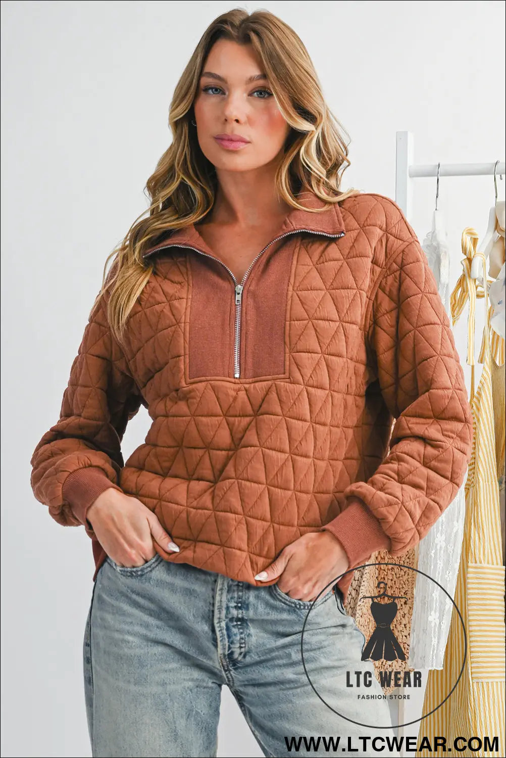 Straw Yellow Textured Zipper Neck Long Sleeve Pullover Sweatshirt - L.T.C Wear Online Fashion Store