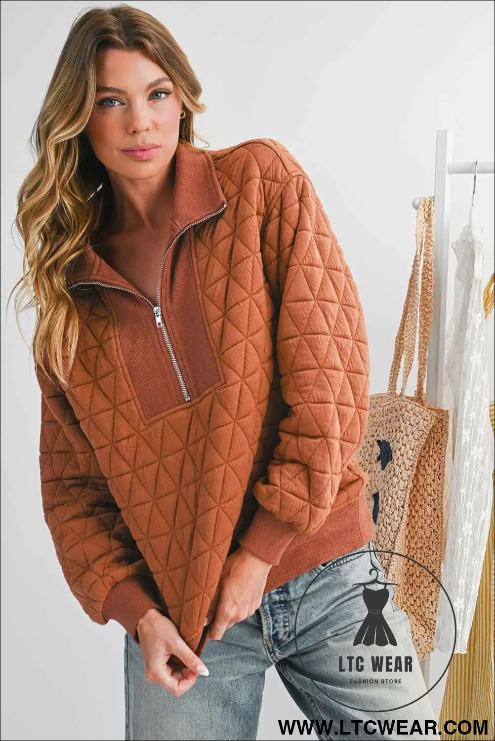 Straw Yellow Textured Zipper Neck Long Sleeve Pullover Sweatshirt