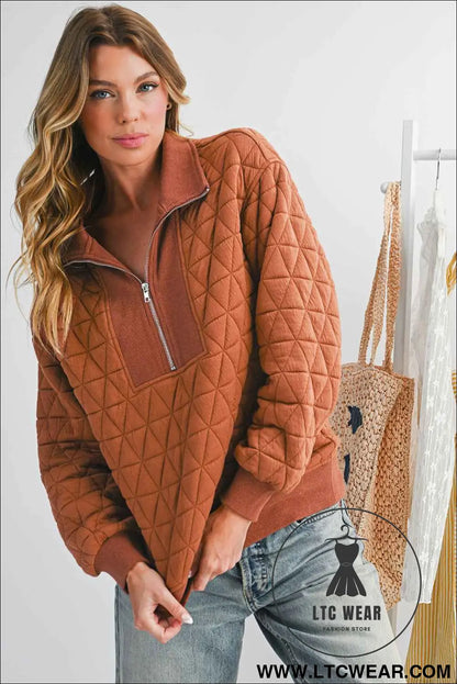Straw Yellow Textured Zipper Neck Long Sleeve Pullover Sweatshirt