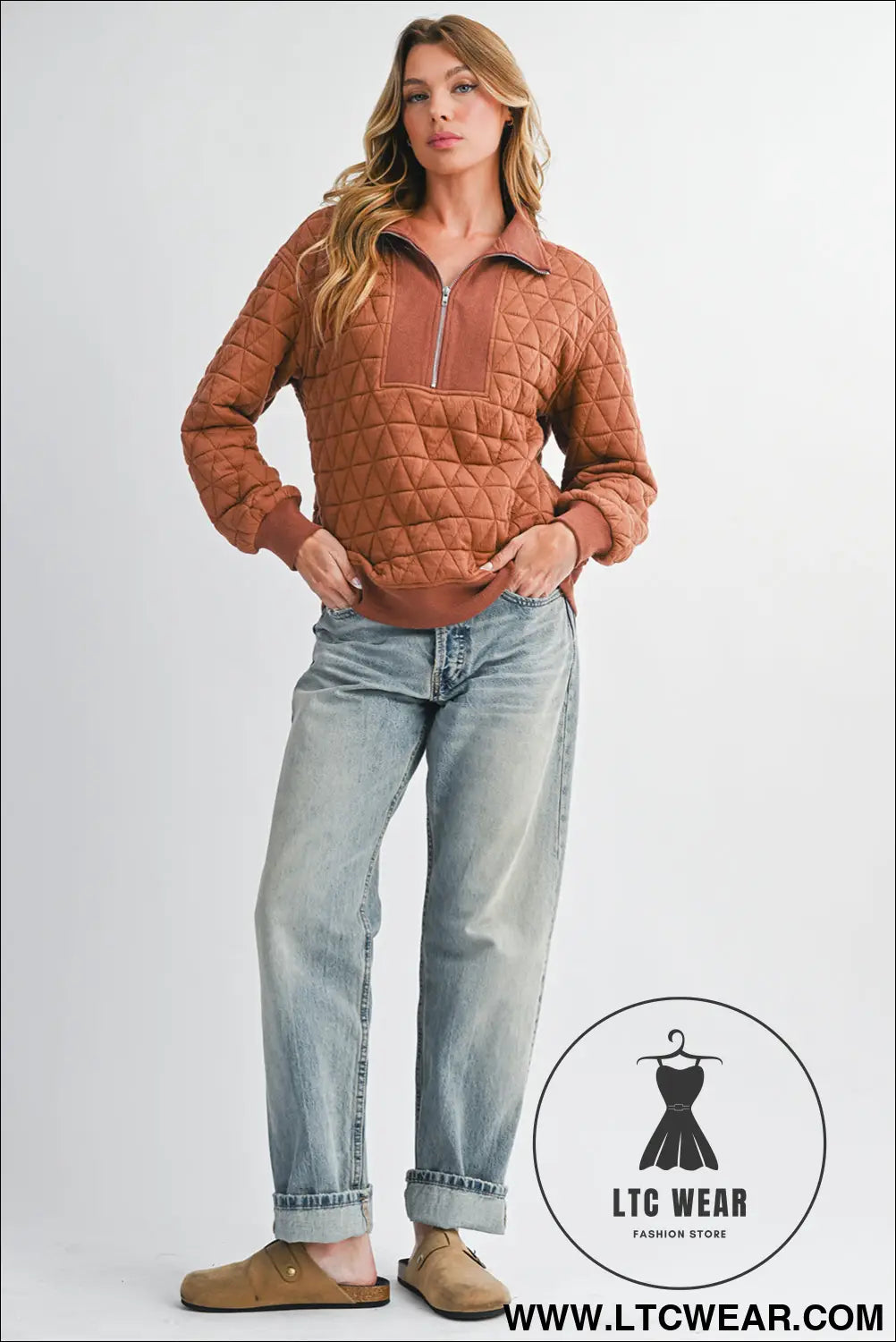 Straw Yellow Textured Zipper Neck Long Sleeve Pullover Sweatshirt - L.T.C Wear Online Fashion Store