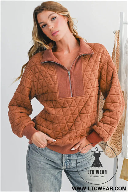 Straw Yellow Textured Zipper Neck Long Sleeve Pullover Sweatshirt - L.T.C Wear Online Fashion Store