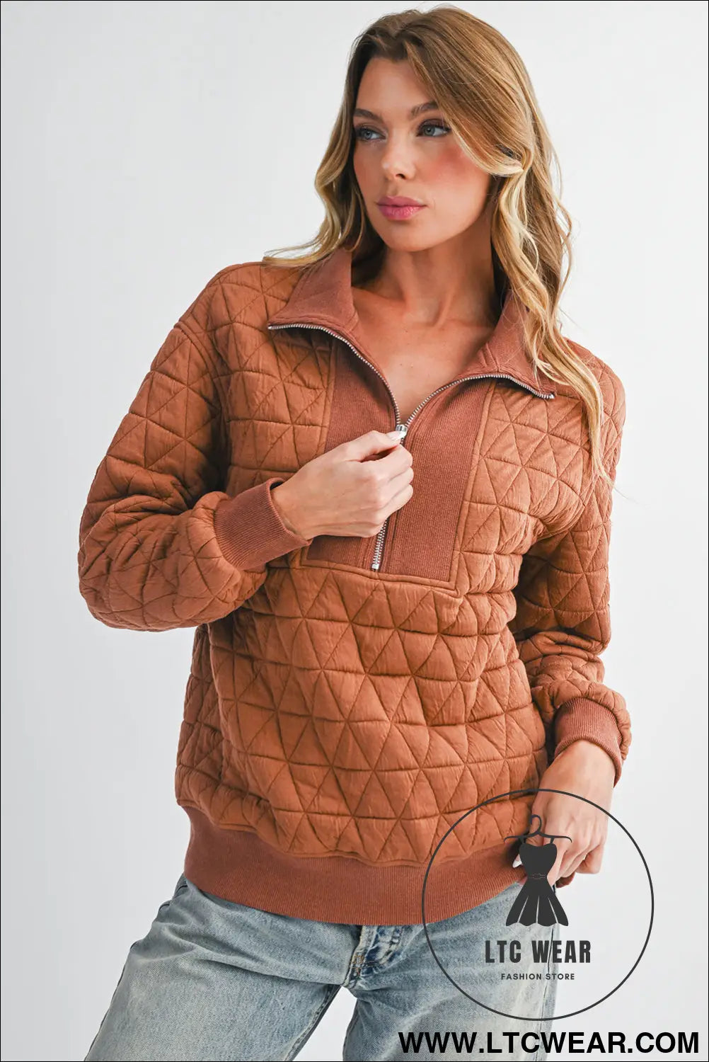 Straw Yellow Textured Zipper Neck Long Sleeve Pullover Sweatshirt - L.T.C Wear Online Fashion Store