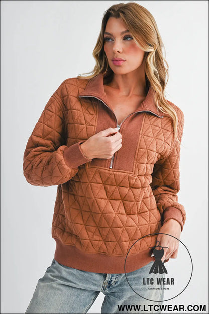 Straw Yellow Textured Zipper Neck Long Sleeve Pullover Sweatshirt - L.T.C Wear Online Fashion Store