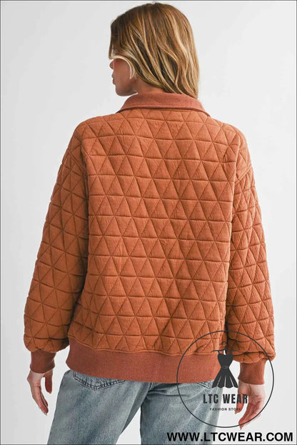 Straw Yellow Textured Zipper Neck Long Sleeve Pullover Sweatshirt