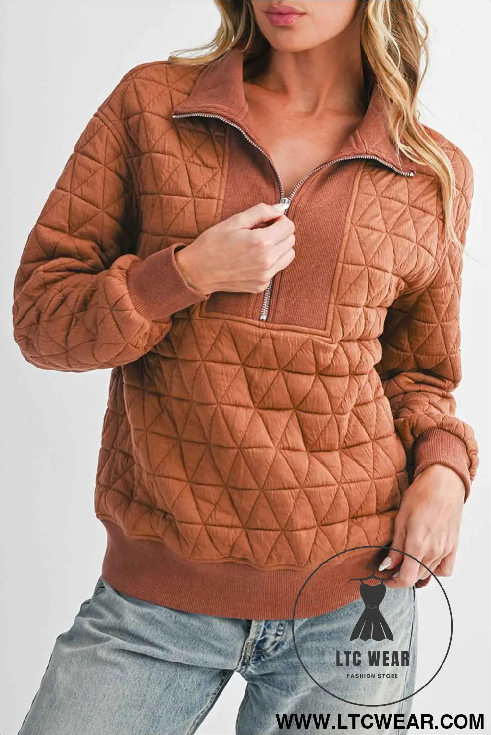 Straw Yellow Textured Zipper Neck Long Sleeve Pullover Sweatshirt